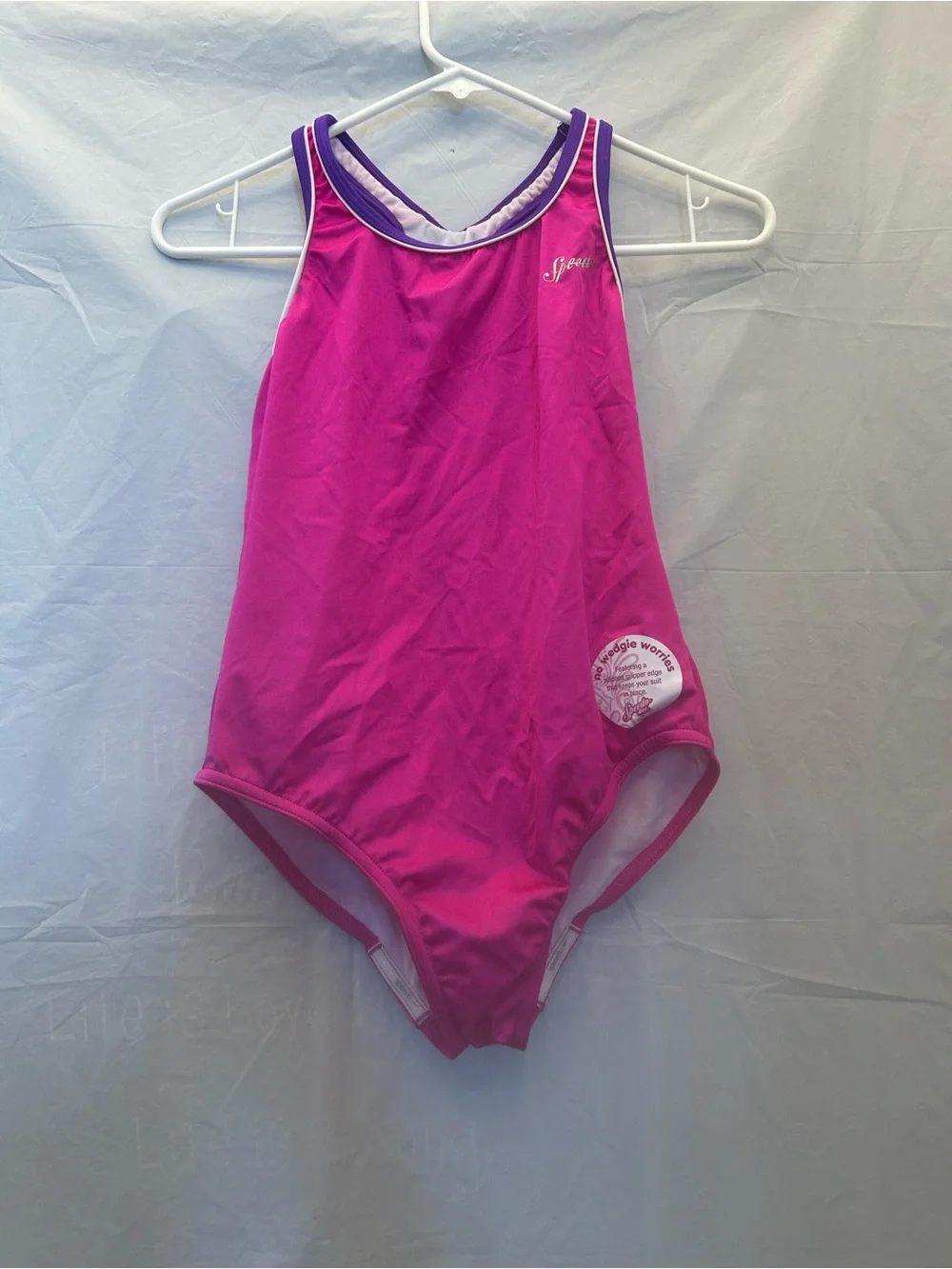 Speedo Girls' New Blush Bright Pink  One-Piece Swimsuit with Purple Trim Sz 16